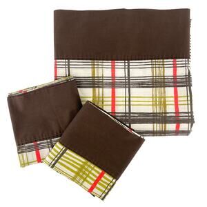 80s Bill Blass brown plaid flat sheet and pillowcases 1980s vintage